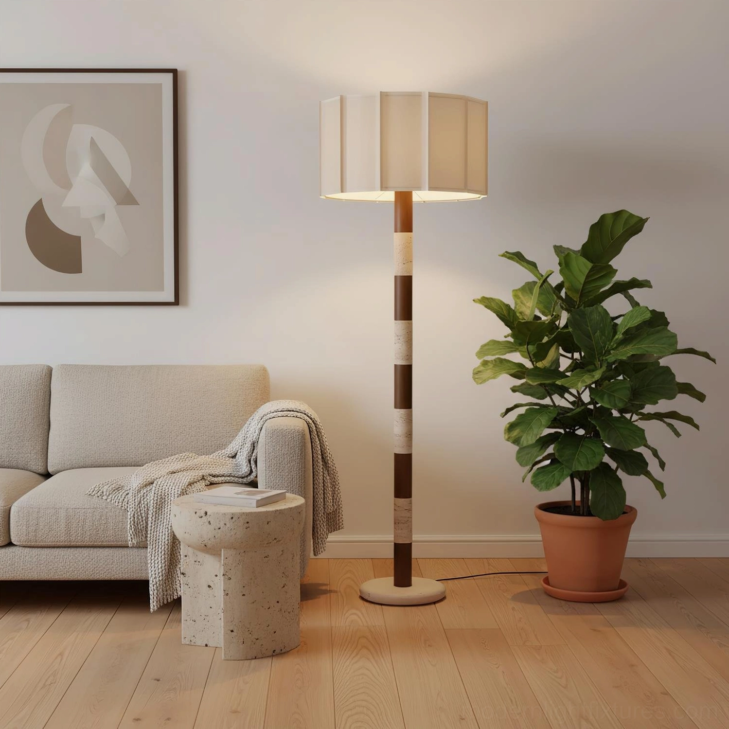 Pleated grove floor lamp full height view in neutral interior showing proportions and sculptural presence of the modern travertine wood design