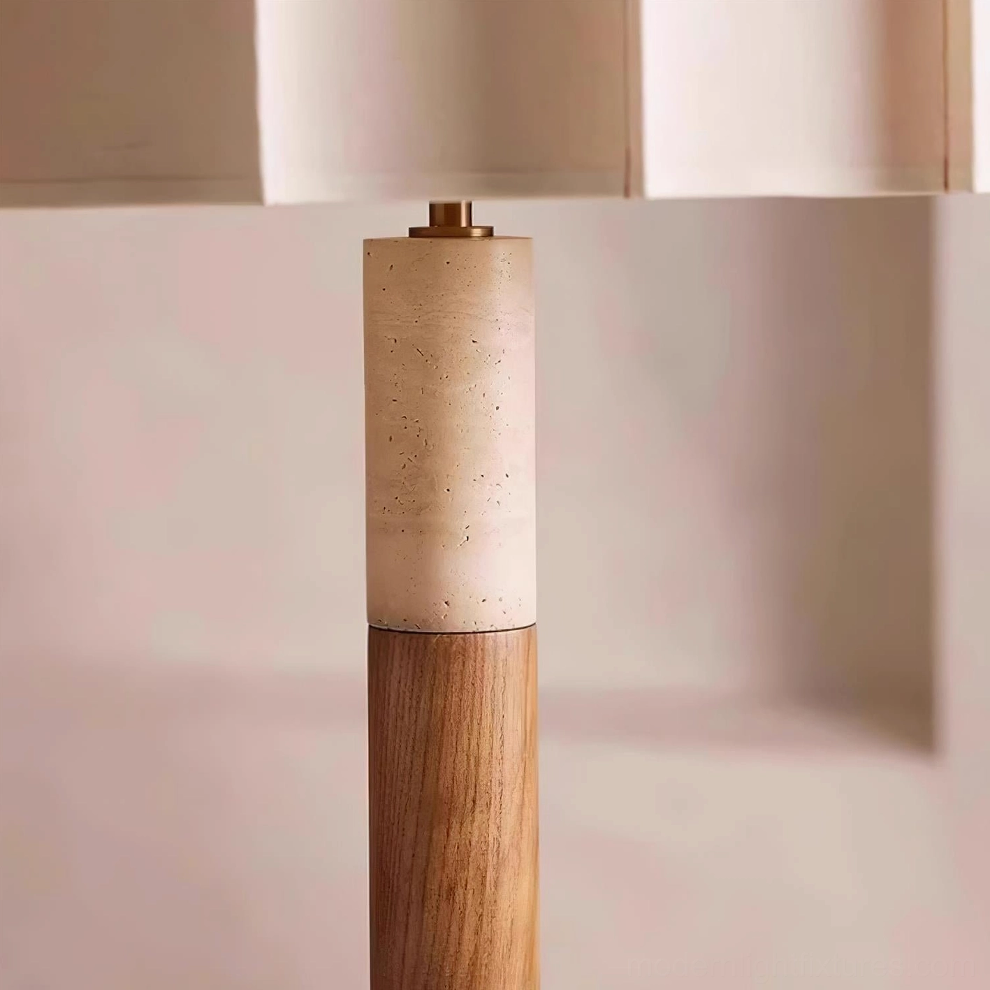 Sculptural pleated grove floor lamp with walnut and travertine column shown in modern interior design context highlighting design elegance