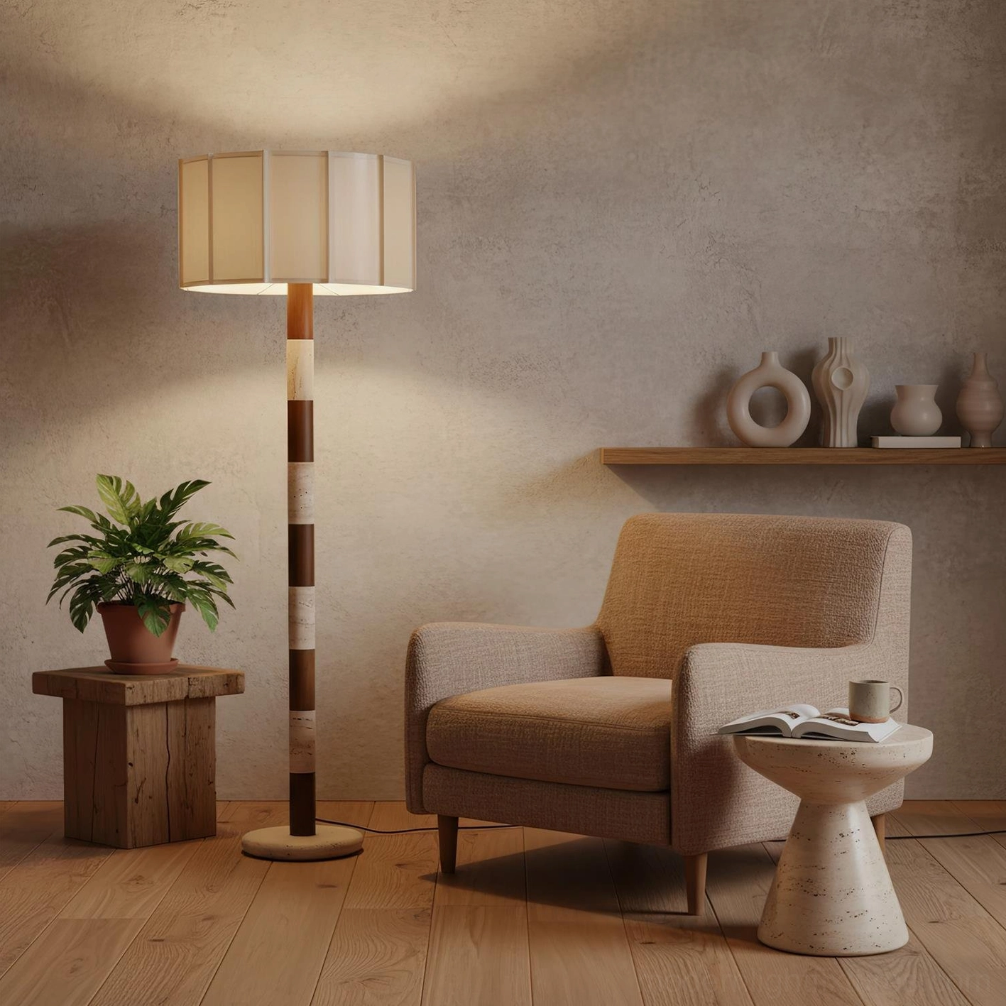 Pleated grove floor lamp side profile in modern rustic living room beside fabric armchair and potted plant, neutral warm home decor styling