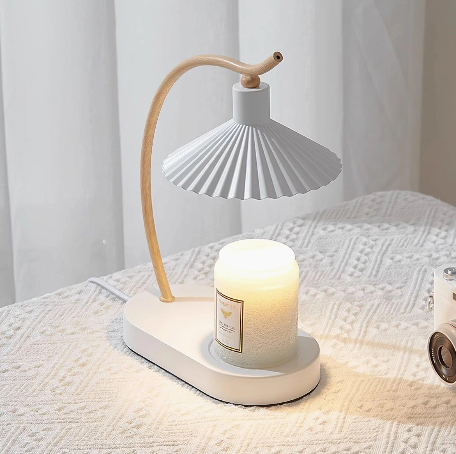 Pleated fabric table lamp with scented candle ambiance bedroom decor