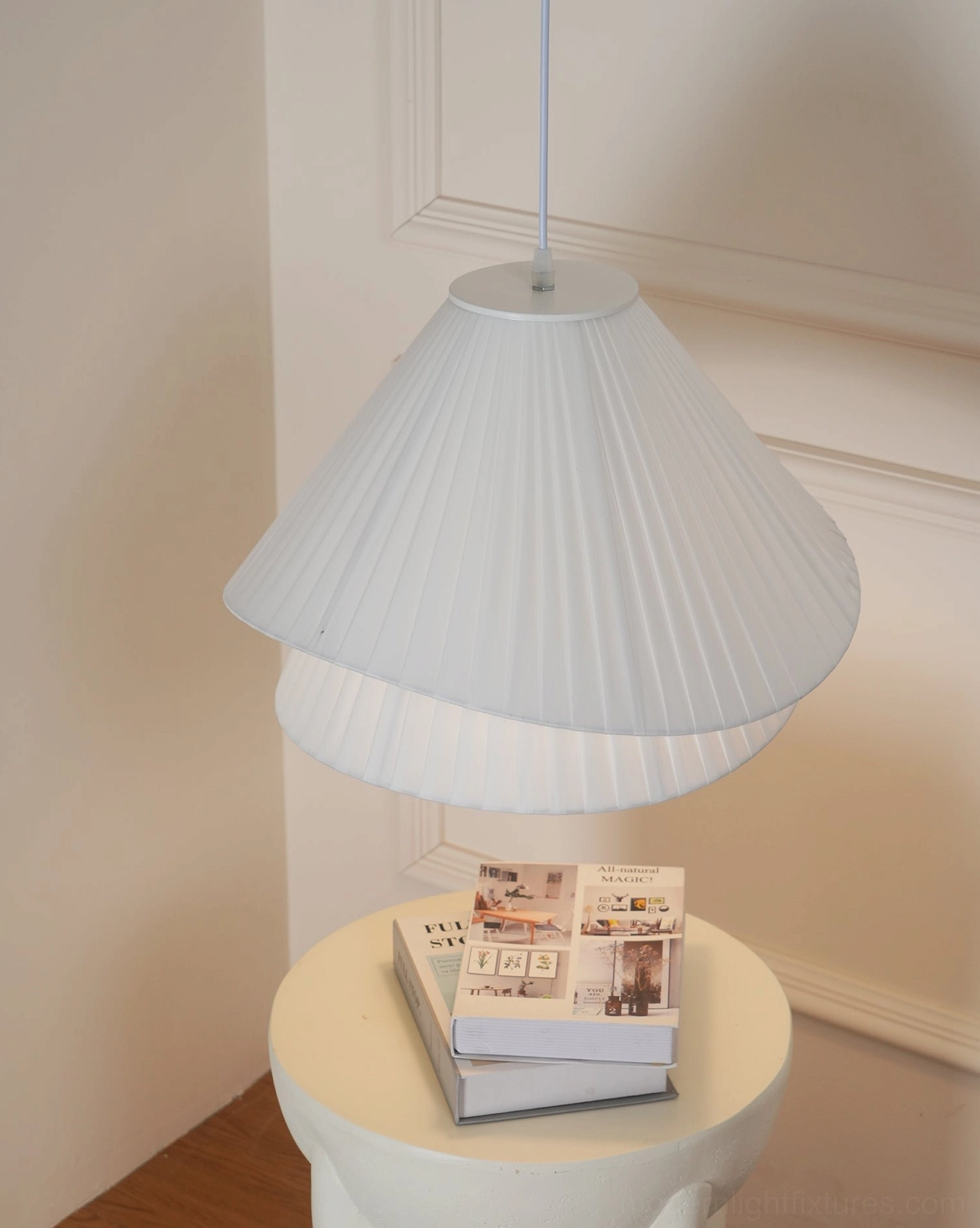 Pleated fabric pendant light adjustable suspension wire 150cm custom height