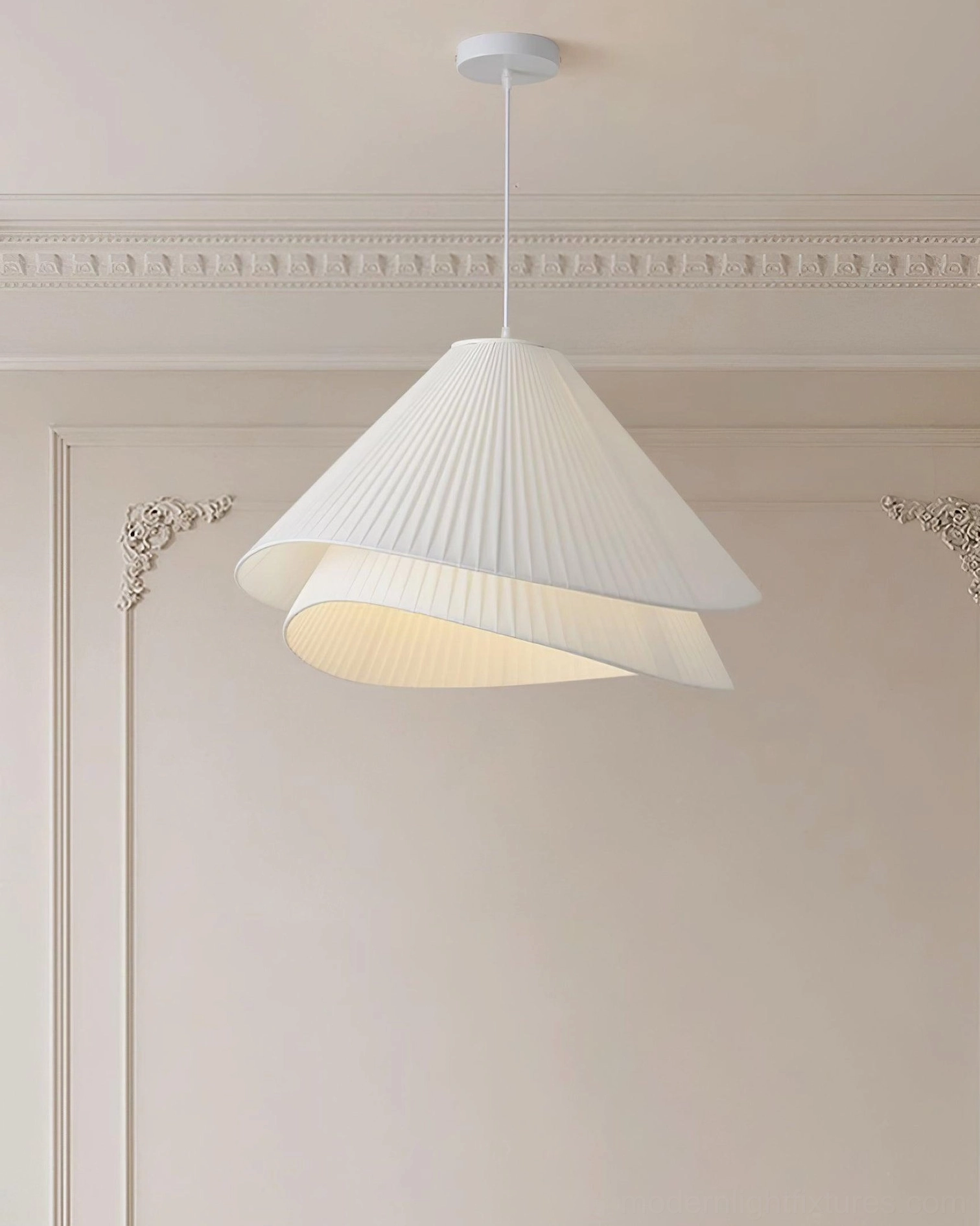 Pleated cone pendant light architectural lighting detail in contemporary residence