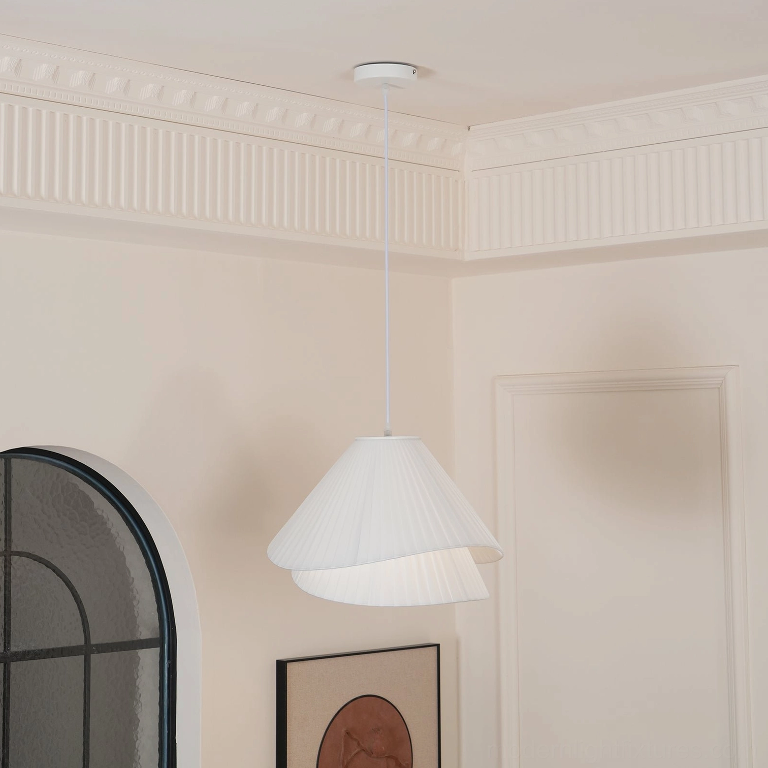 Pleated pendant light beige fabric finish warm neutral color tone interior design