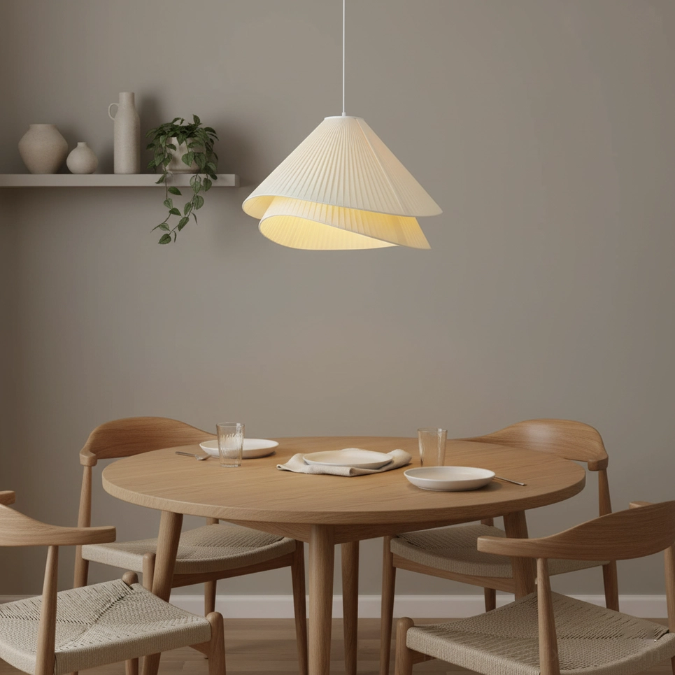 Pleated fabric pendant light, detailed view of premium fabric construction and metal frame