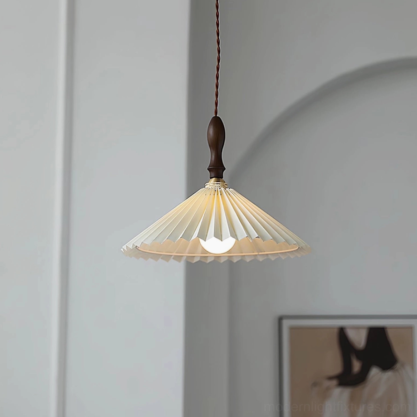 Pleated pendant light with E14 socket and dimmer compatibility in transitional interior style