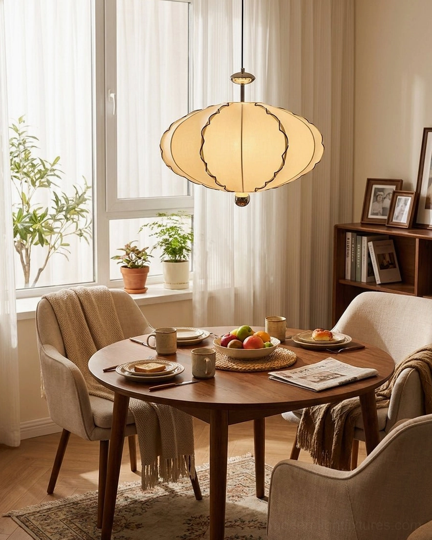 Cream pleated fabric pendant fixture in vintage dining nook with upholstered chairs and warm neutral tones, eye-level view