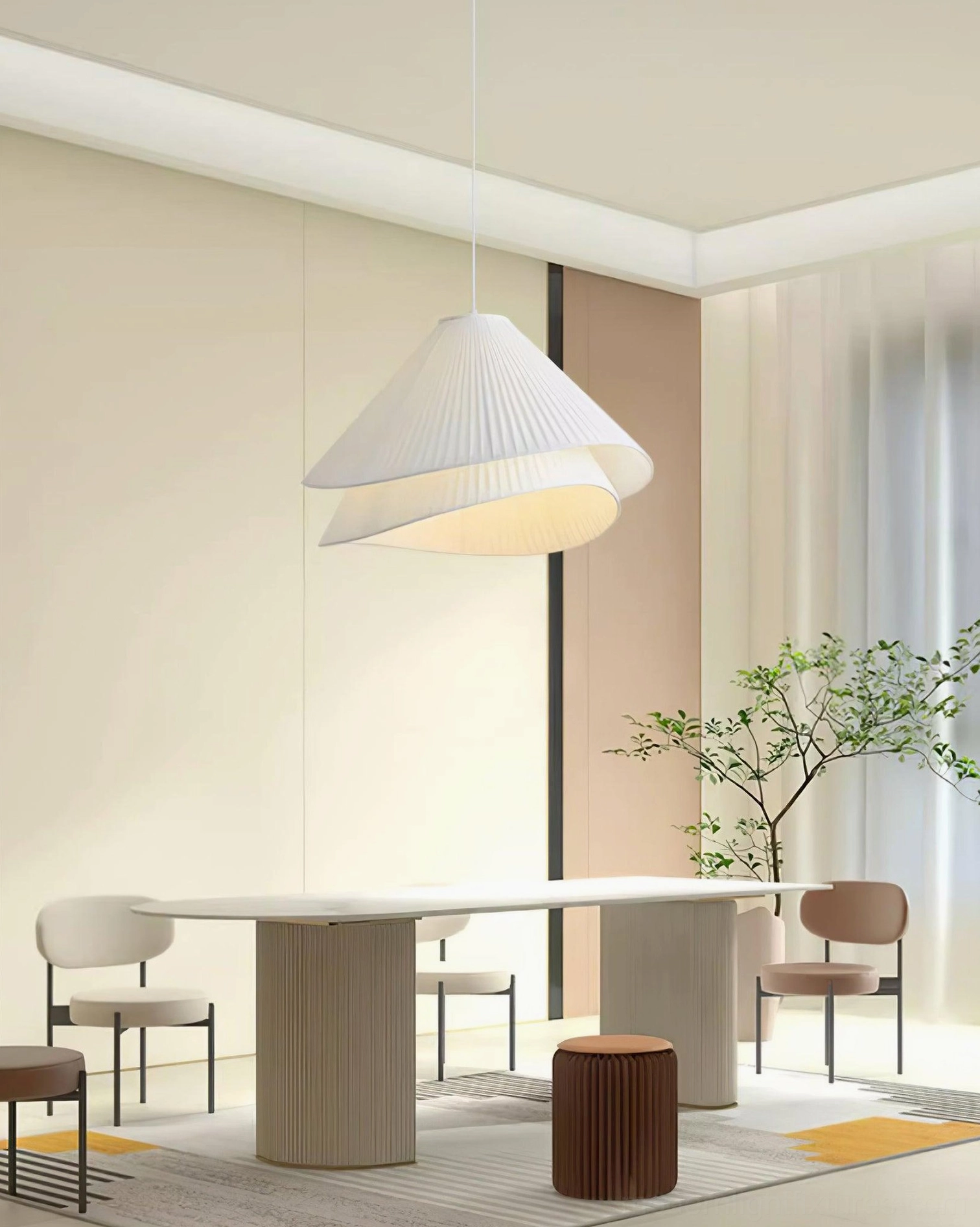 White pleated pendant light in entryway foyer creating welcoming first impression