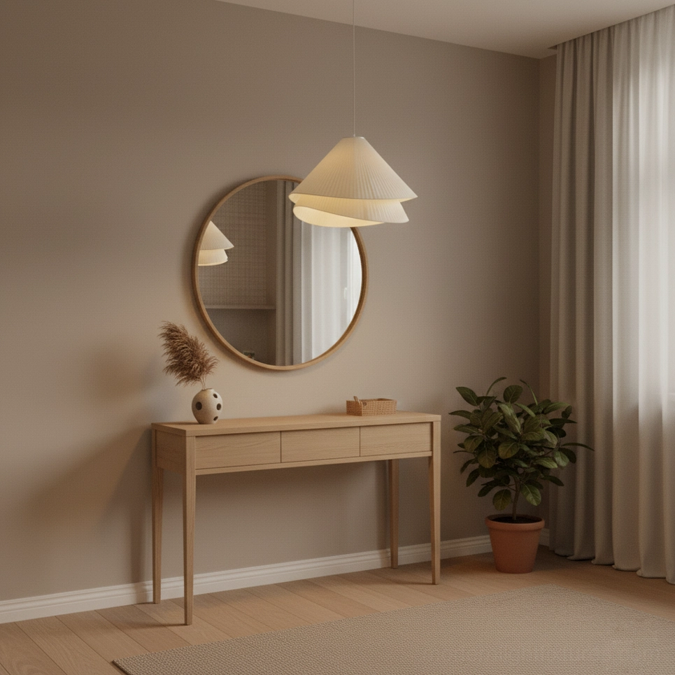 Modern pleated pendant light shade showing intricate fabric pleating and diffusion design