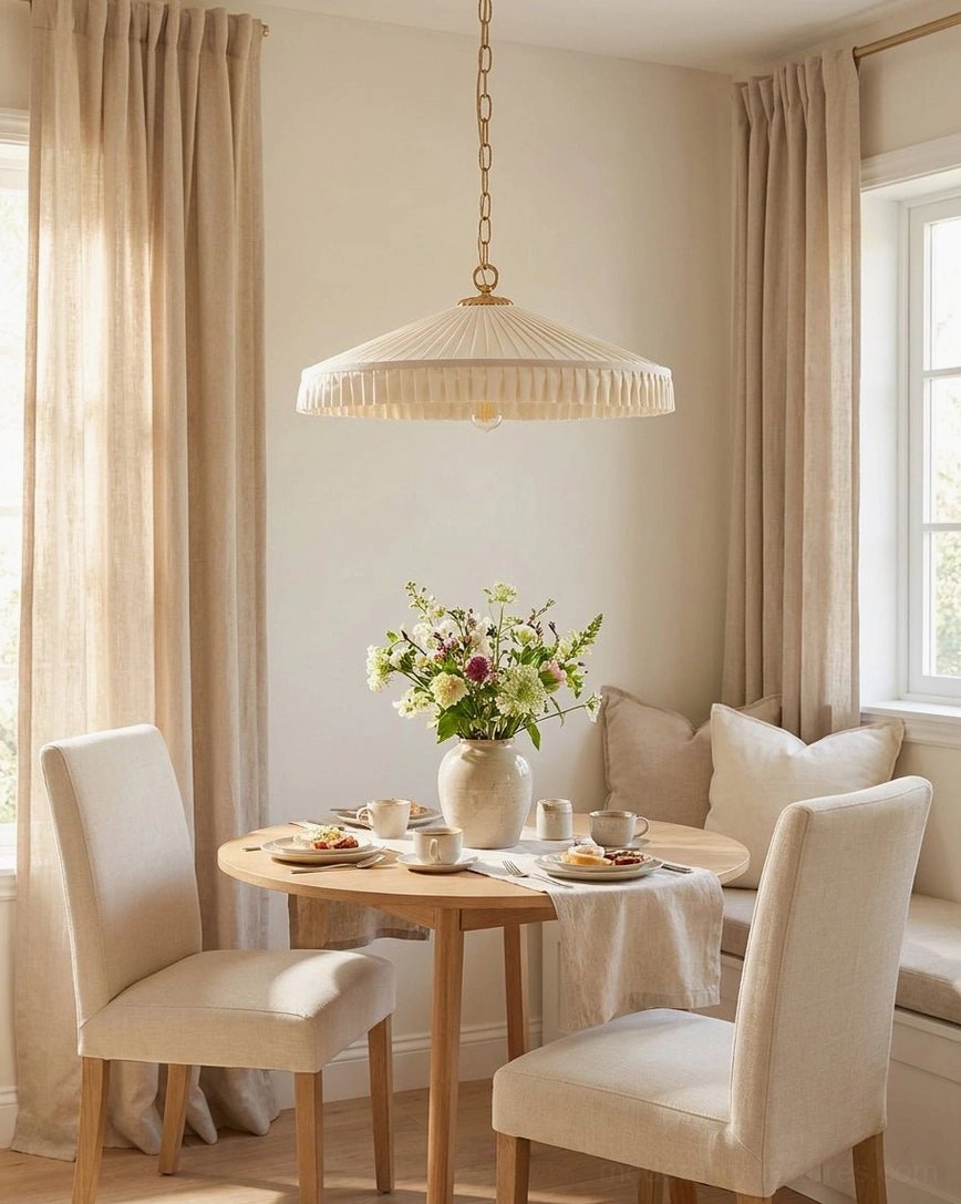 Farmhouse pleated pendant light in neutral dining nook with beige curtains and fabric chairs