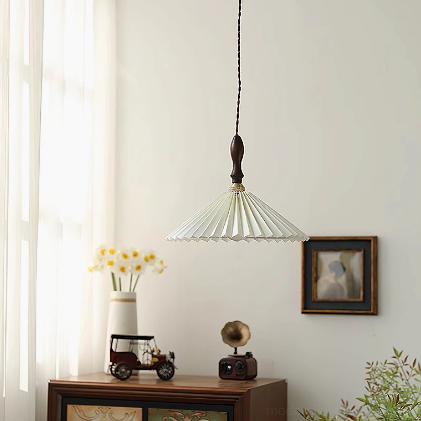 Pleated fabric pendant light displayed in vintage hallway with dark walnut wood and beige shade