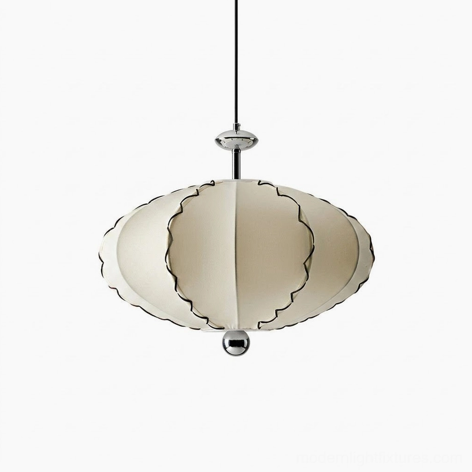 Cream pleated fabric pendant light creating warm ambient glow in minimalist Japandi-style dining area with natural materials and greenery