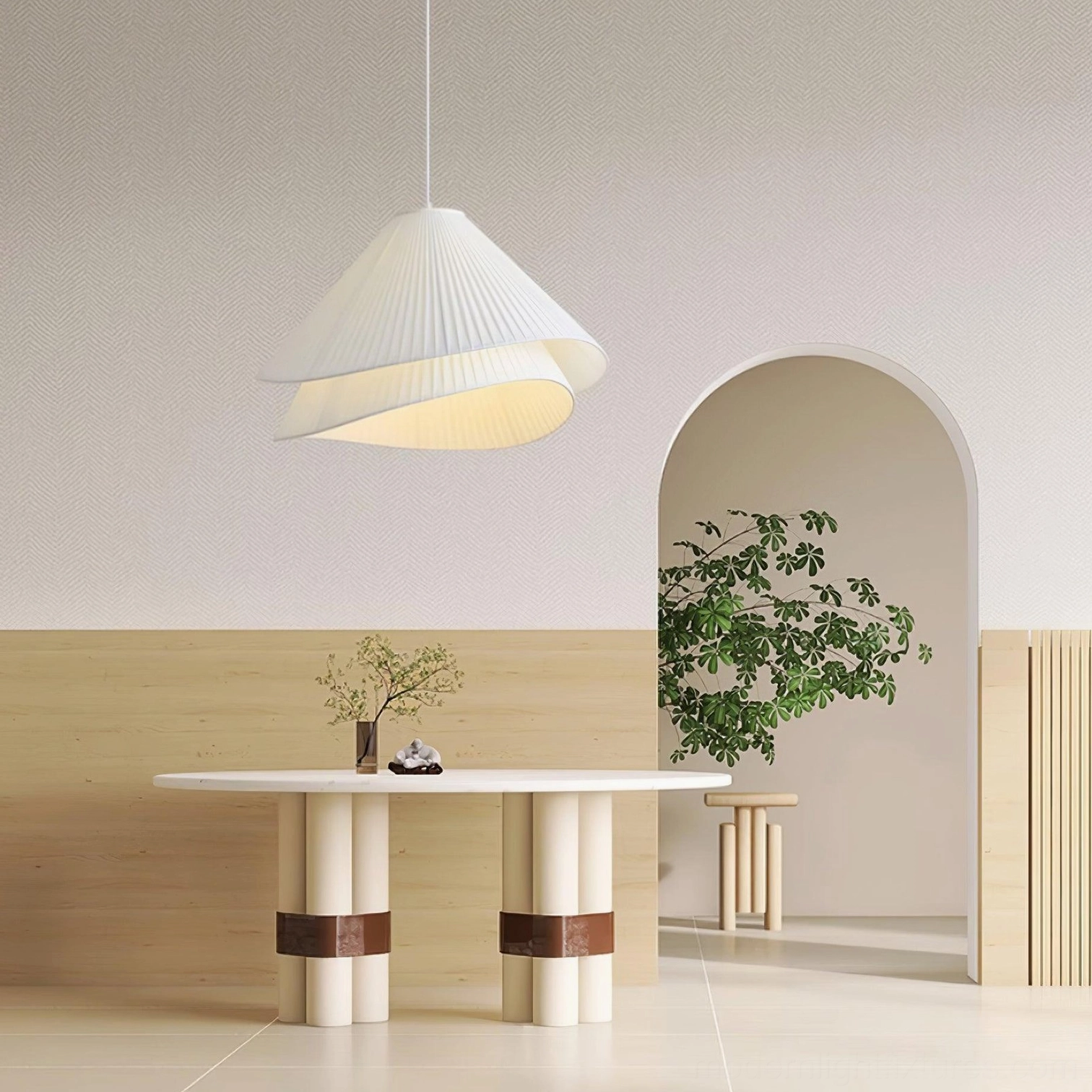 Pleated fabric pendant light over kitchen island counter workspace illumination