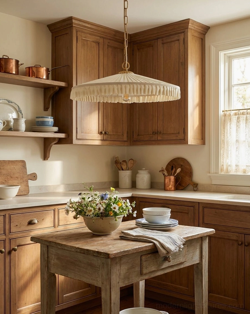Pleated pendant light over rustic kitchen island with warm wood cabinetry and table decor