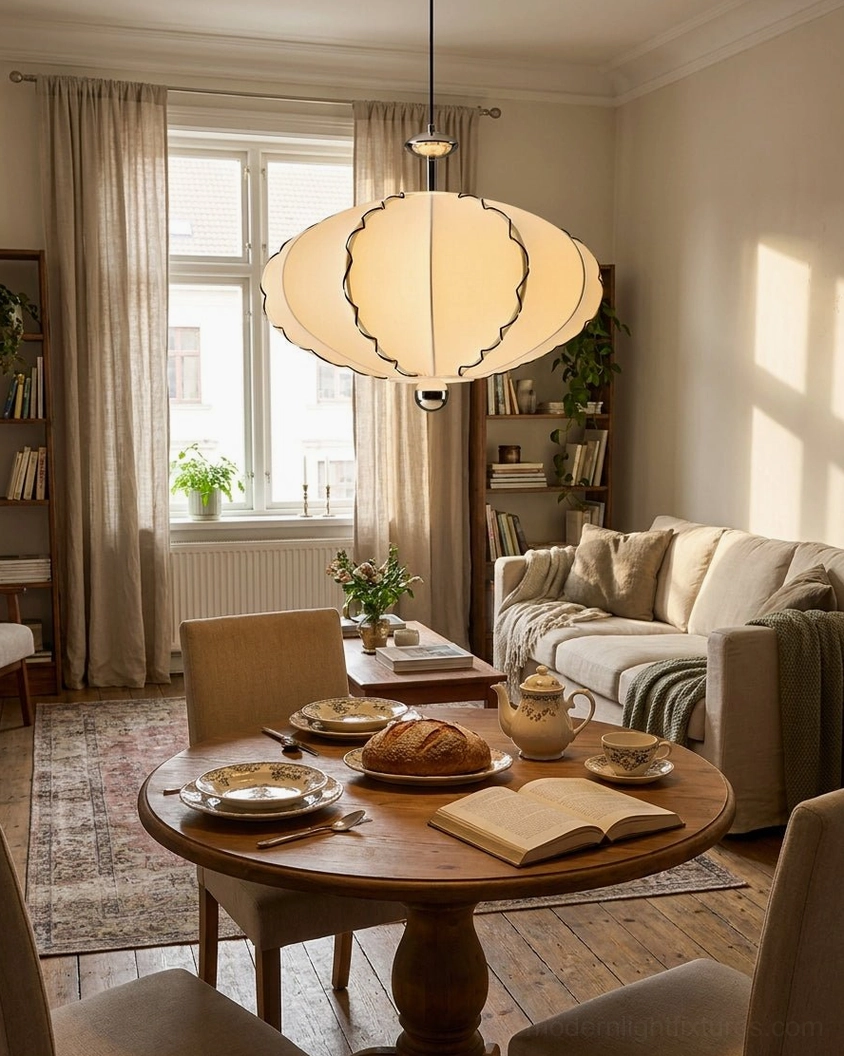 Japandi style pleated fabric pendant light creating warm ambient glow in cozy dining-living hybrid space with wooden furniture