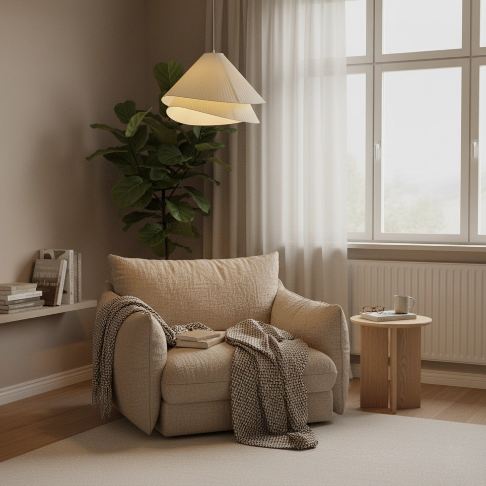 Pleated fabric pendant light in cozy lounge setting with green plant decoration and double-layer design
