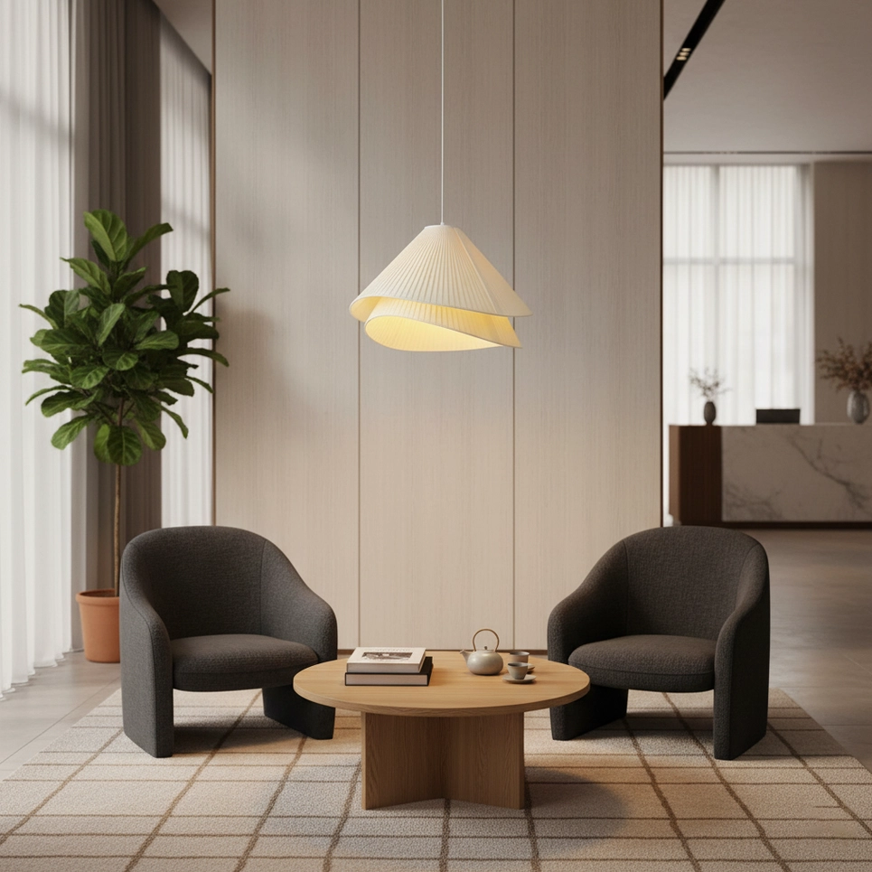 Double-layer pleated fabric pendant light in minimalist meeting lounge with round coffee table and dark chairs