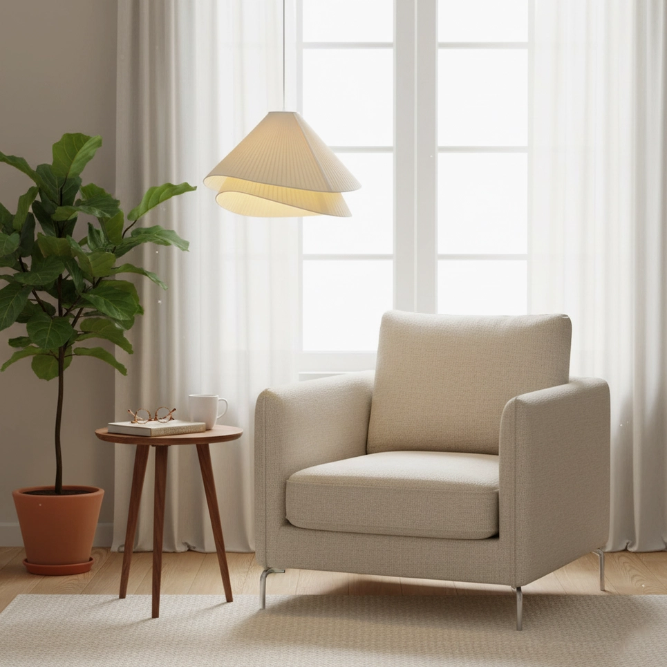 Modern pleated hanging pendant light with soft warm illumination in single-seat living room