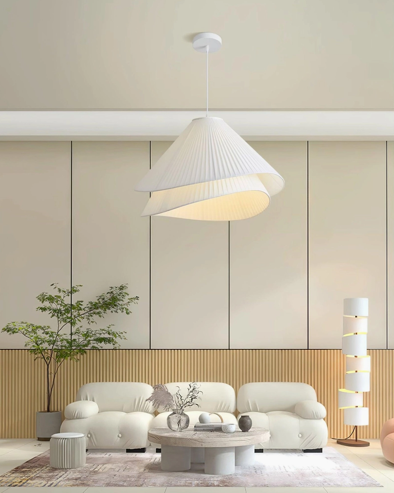 Modern pleated pendant light multiple suspension arrangement for extended surfaces