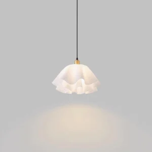Pleated pendant lamp casting warm ambient downlight from overhead angle on gray background