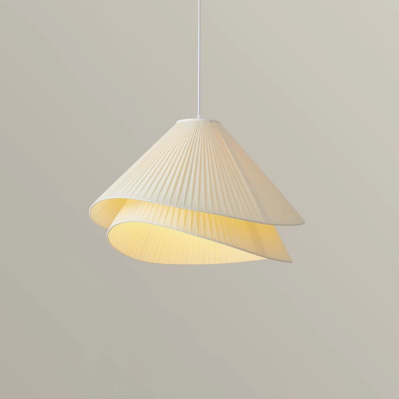 Double-layer pleated cone pendant light, oblique side angle showing inner warm illumination and fabric texture
