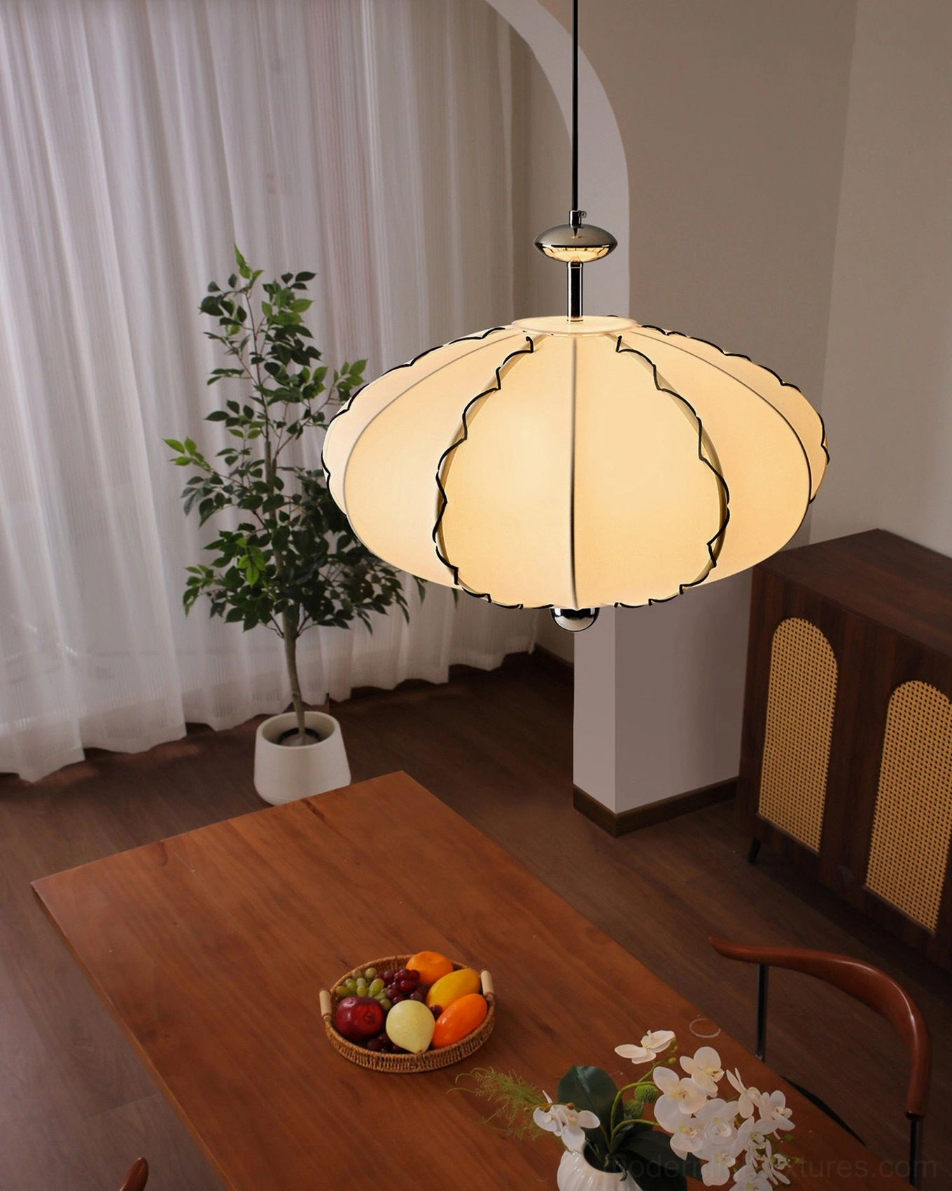 Mid-century modern pleated fabric pendant light overhead studio view showing chrome suspension system and eight-panel pleating construction