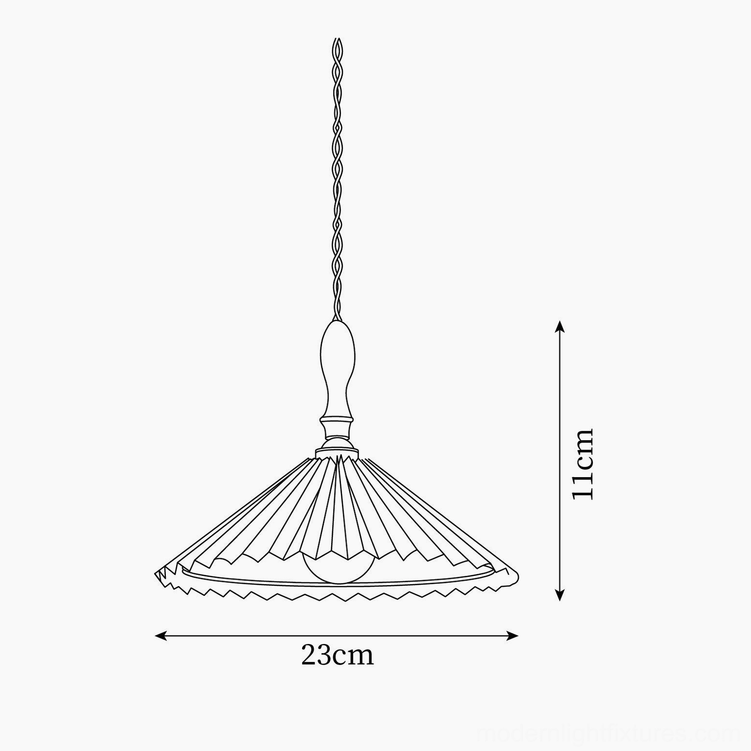Technical line drawing and dimension specification of walnut pleated pendant light showing 23cm diameter