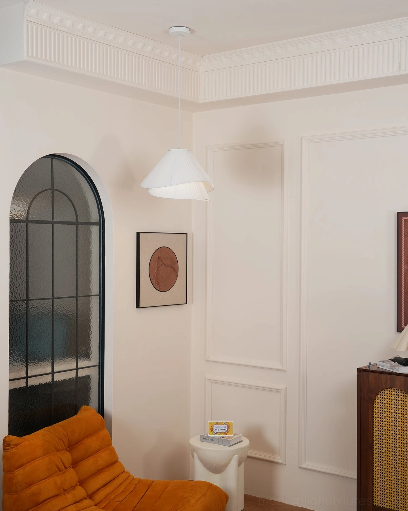 Pleated pendant light transitional interior design bridge traditional contemporary