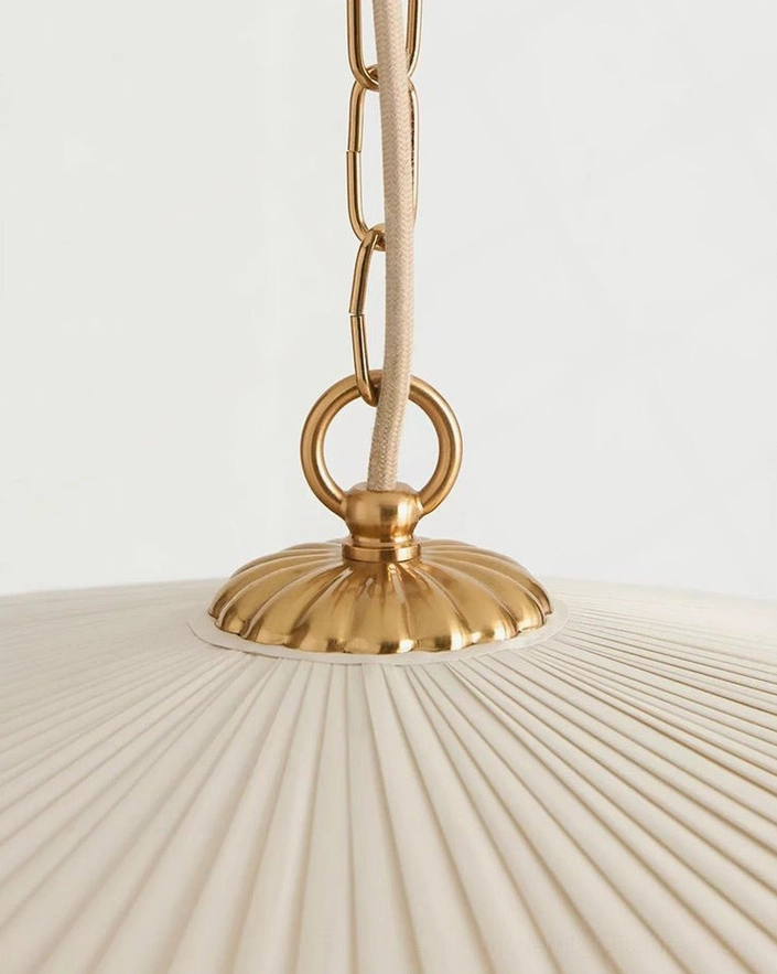 Pleated pendant light cottage coastal vintage aesthetic, close-up fabric texture and pleating