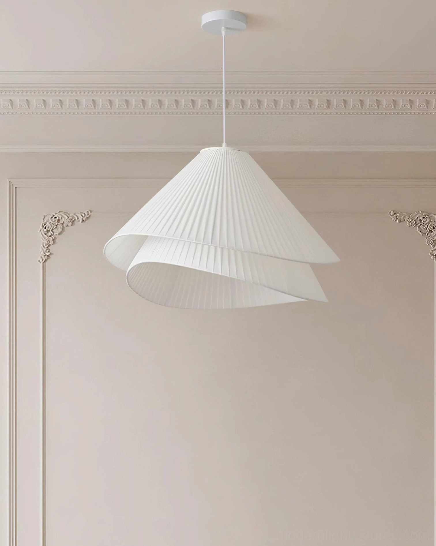 Double-layer pleated fabric pendant light showing warm color temperature and ambient illumination