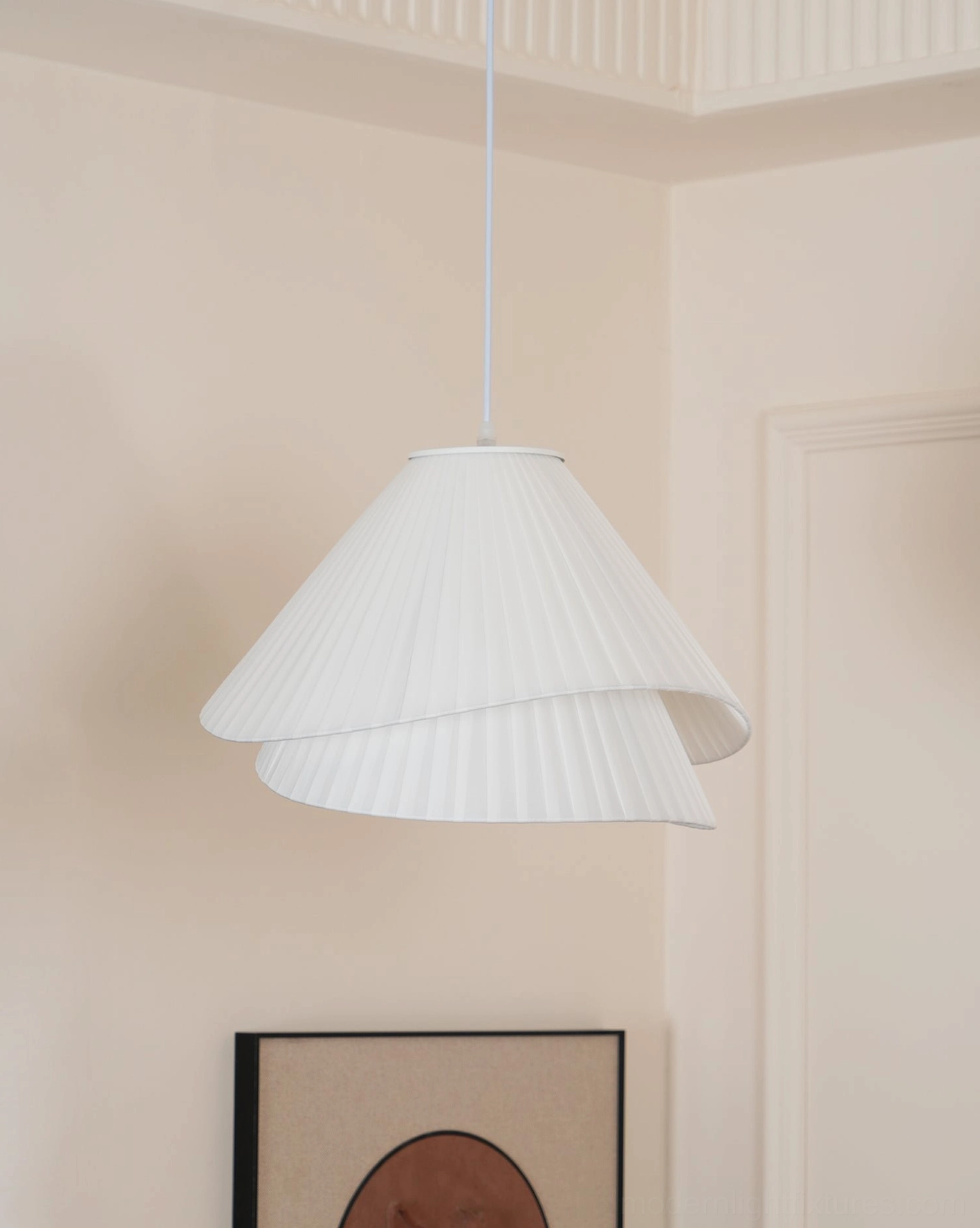 Pleated pendant light white fabric finish clean minimalist modern aesthetic