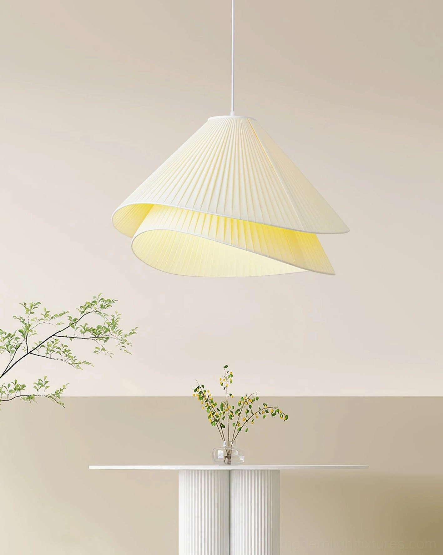 White pleated fabric pendant light, minimalist double-layer cone design for modern interiors