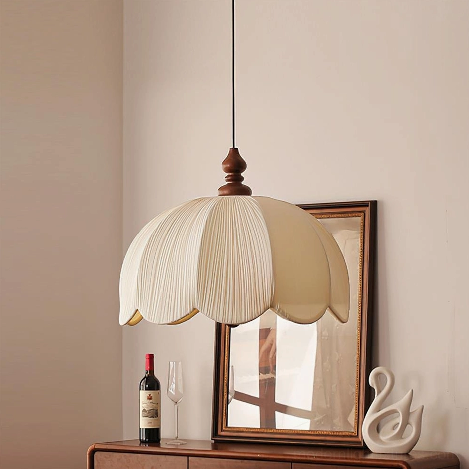 Pleated scallop pendant lamp Model B 45cm diameter 35cm height, beige color, product showcase image
