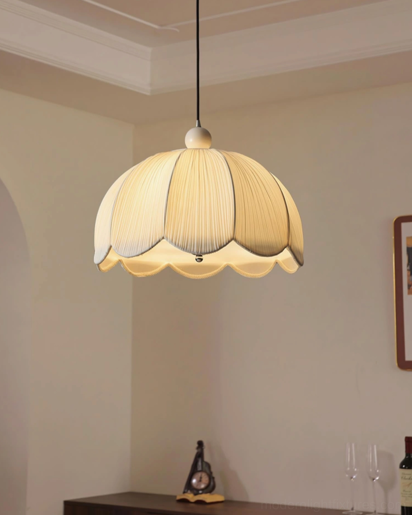 Pleated scallop pendant light showing dimmer compatibility, adjustable ambiance creation, warmth control feature