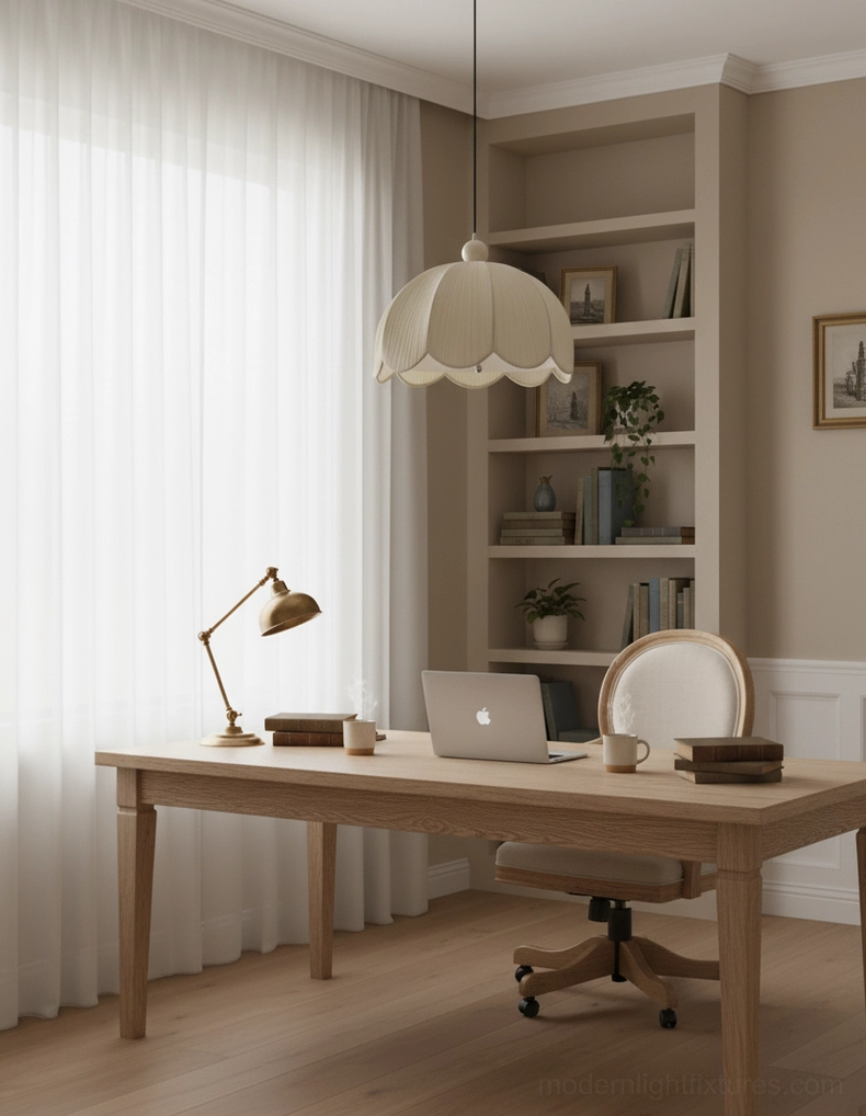 Pleated scallop pendant light fixture showing texture detail, soft fabric weave construction, beige walnut color options