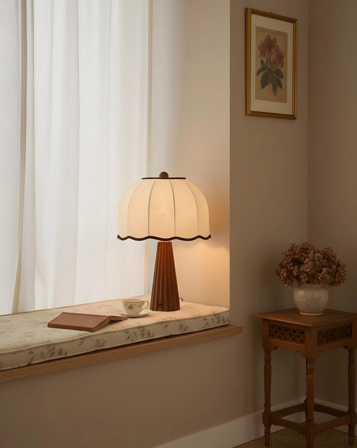 Pleated table lamp architectural detail shot - sculptural wood base craftsmanship and fabric shade construction
