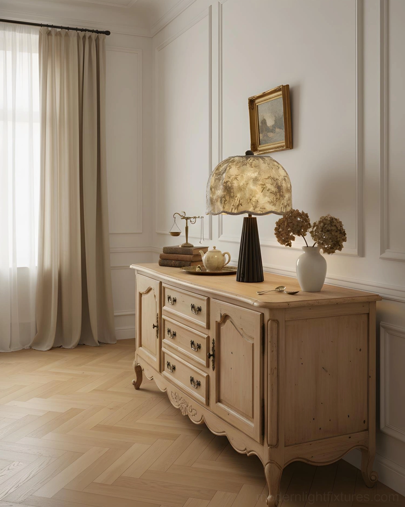 Pleated table lamp in bedroom corner - soft ambient nighttime lighting and reading nook placement