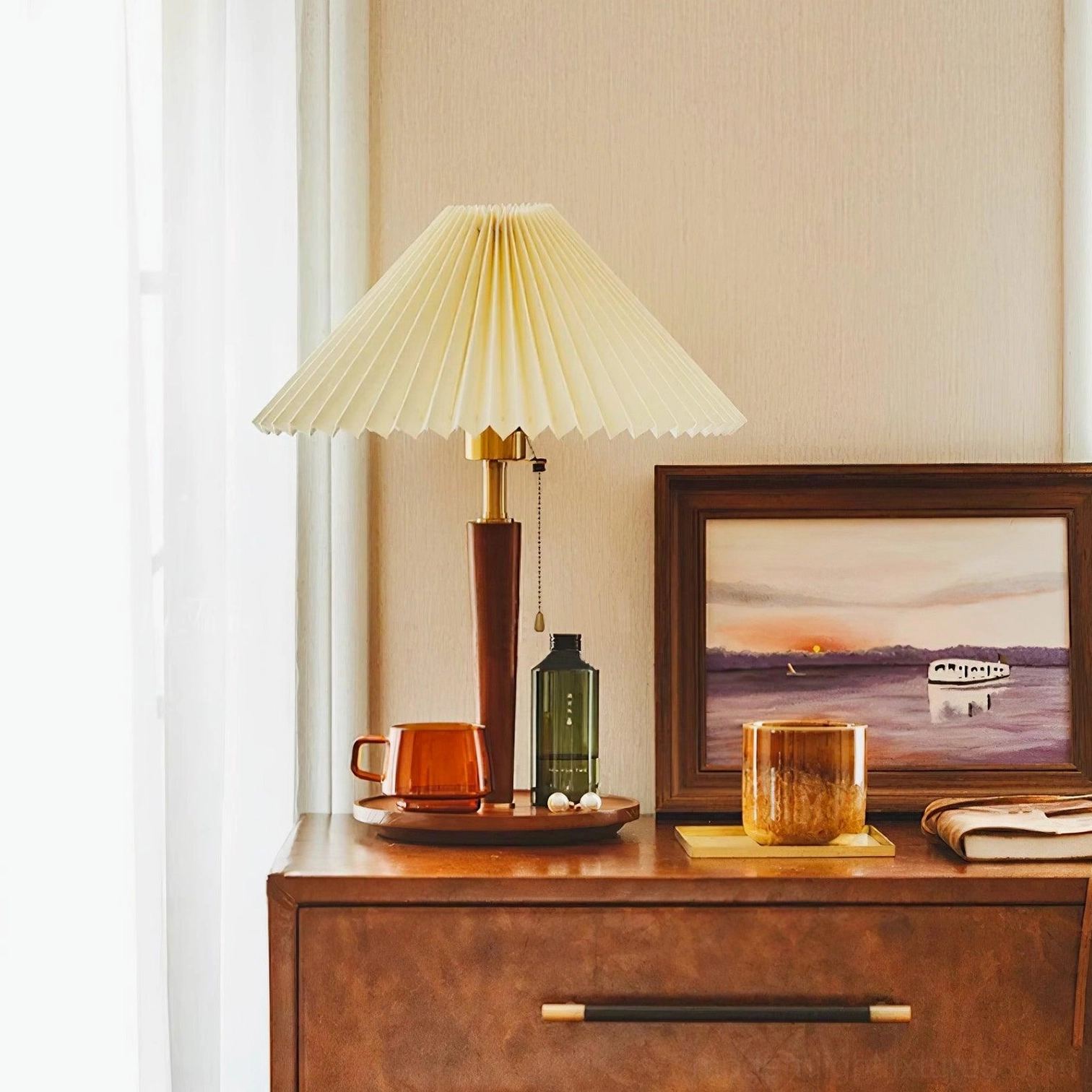 Suki pleated table lamp in gold and walnut finish option showing all color variants available for purchase