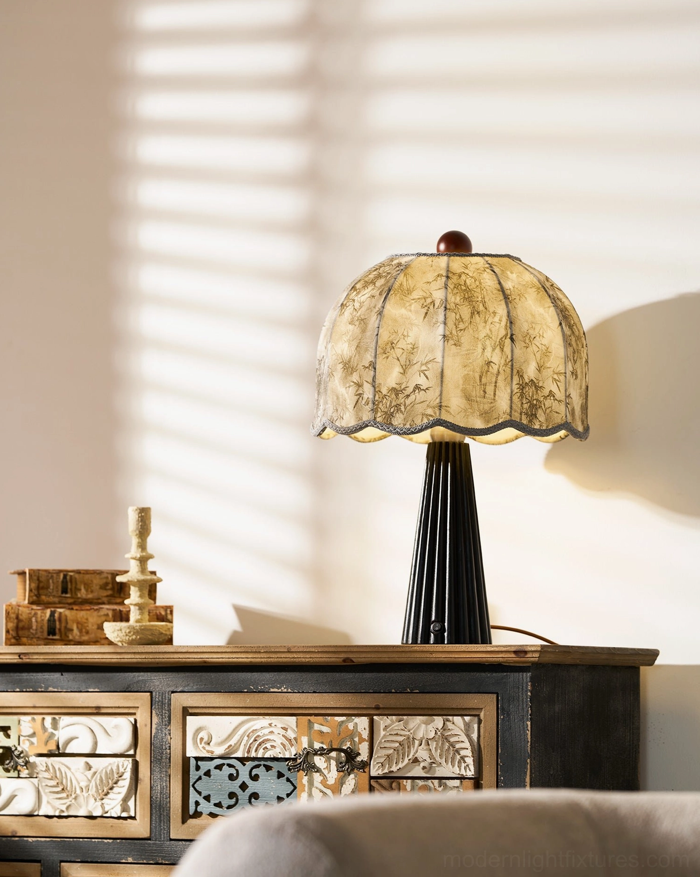 Pleated fabric table lamp color variations - walnut beige and black finish options
