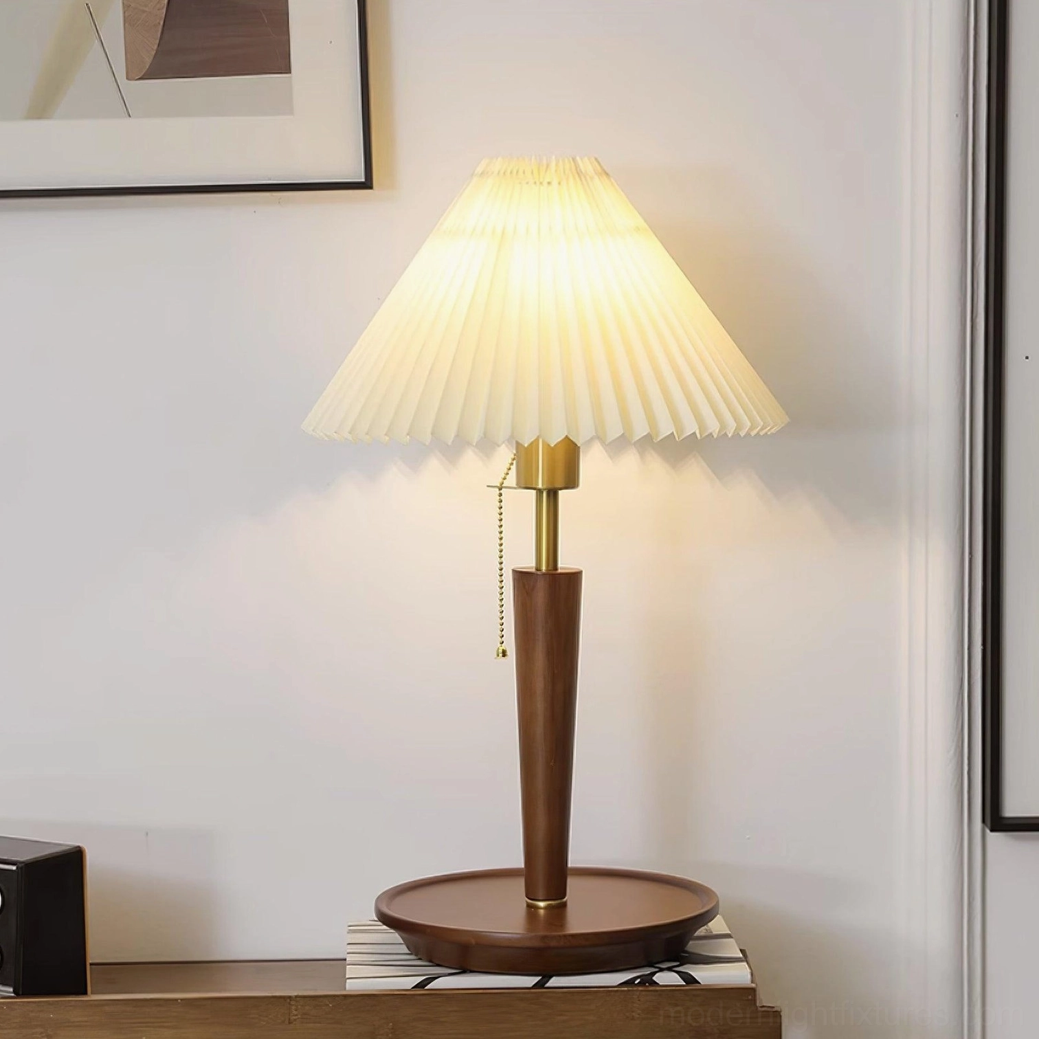 Pleated fabric table lamp with brass hardware and 59-inch cord length, complete product side-by-side angle view