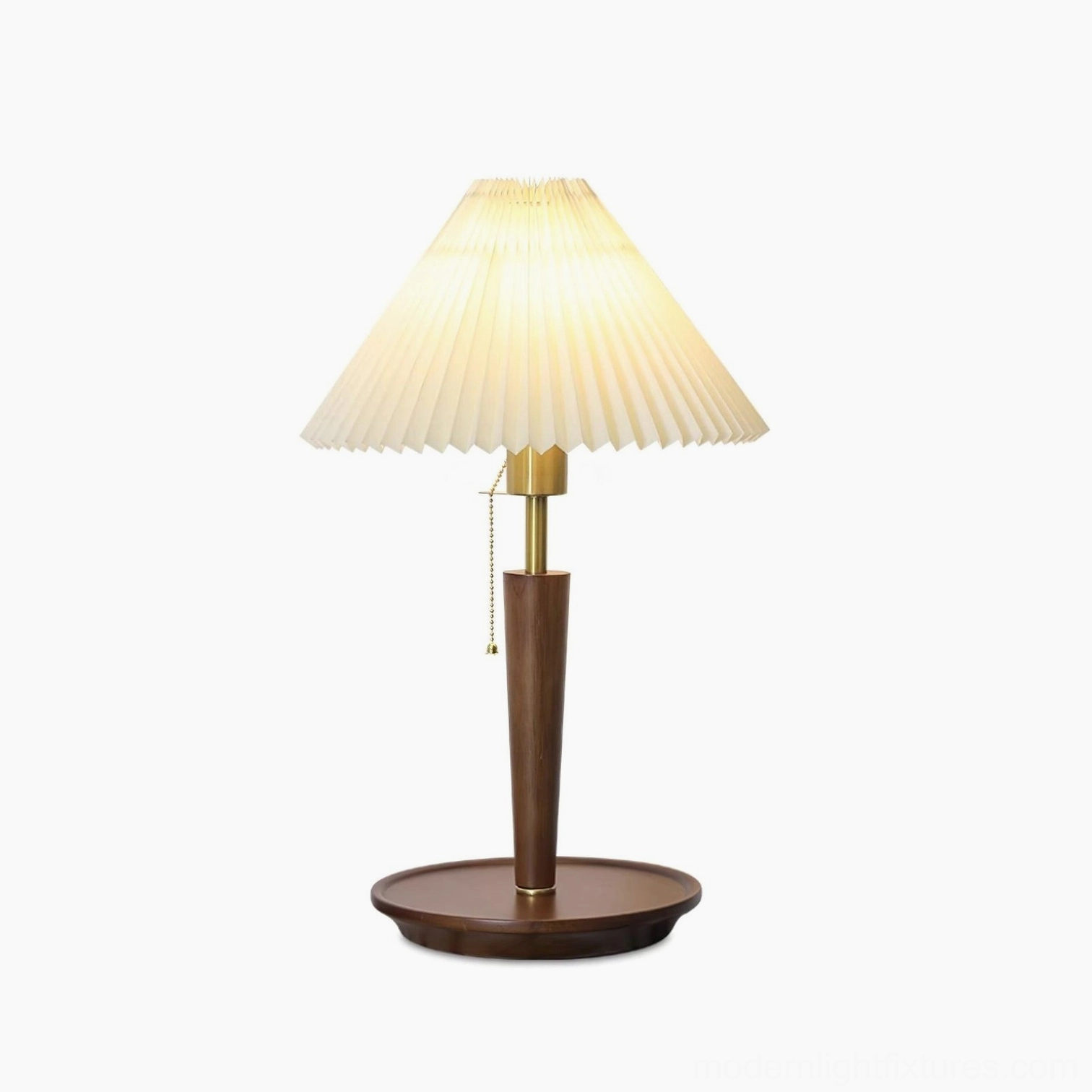 Suki pleated table lamp detail showing sustainable solid wood base material and brass-finished premium construction quality