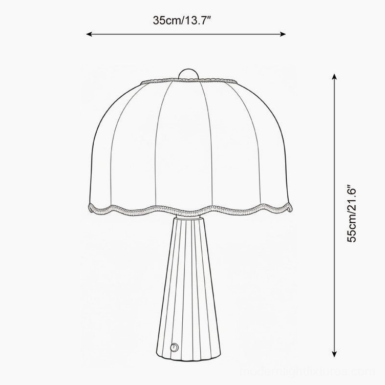 Technical line drawing dimensions of pleated table lamp - orthographic design sketch 35cm width 55cm height