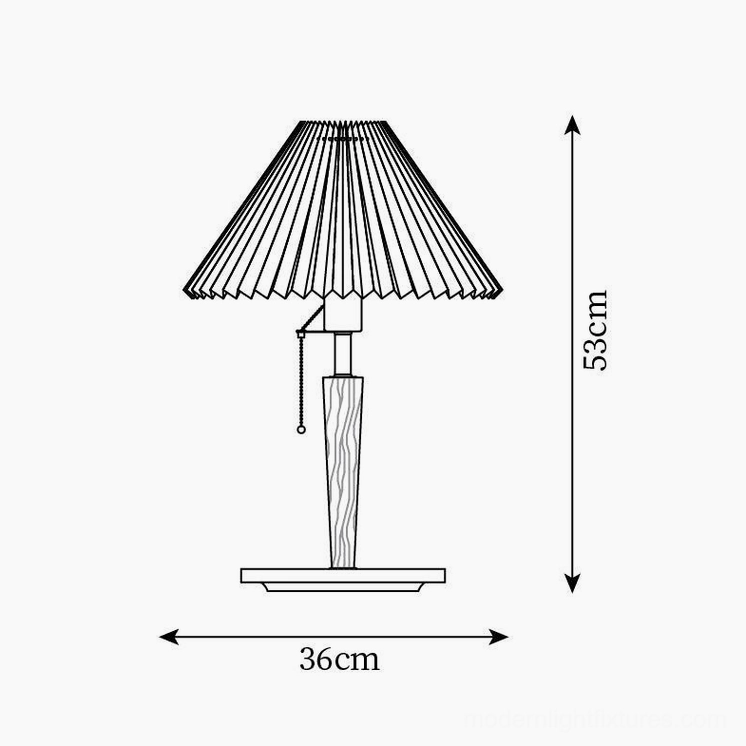 Suki pleated table lamp technical specifications diagram showing dimensions 53cm height and 36cm diameter