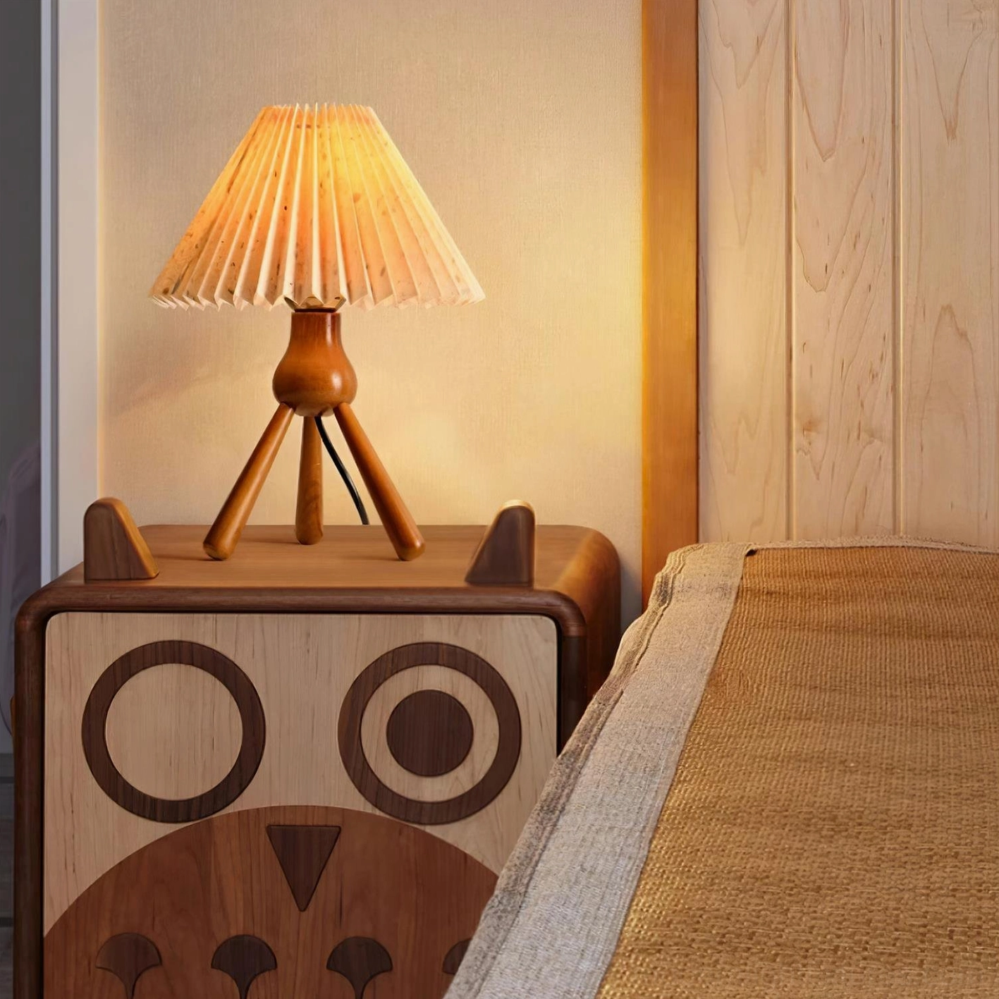 Pleated table lamp on bedroom bedside table creating warm ambient lighting for sleep environment