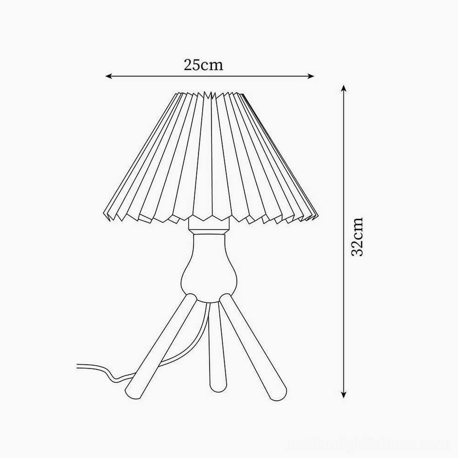 Technical line drawing and dimensions of pleated tripod table lamp with measurements