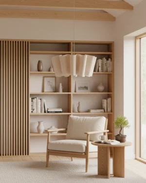 Pleora modern fabric pendant lamp installed in Nordic reading nook with warm wood furniture