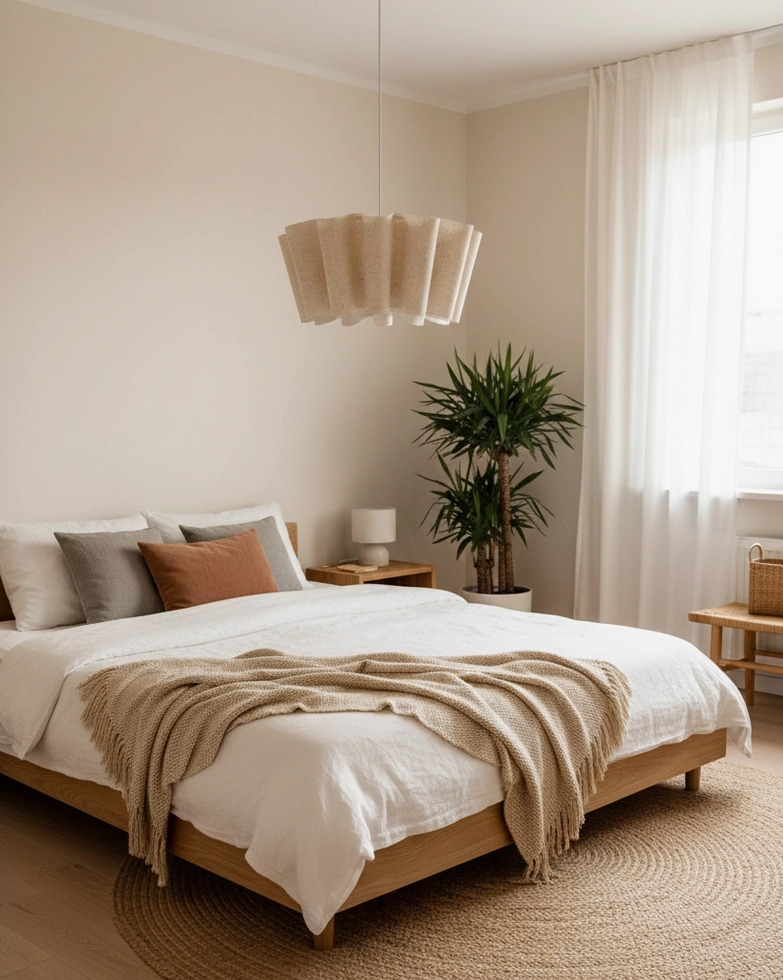 Beige linen-texture pendant lamp creating cozy warm light in contemporary master bedroom
