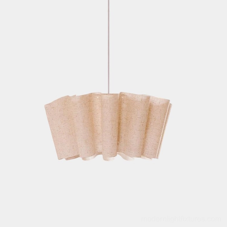 Pleora pleated fabric pendant light with beige linen shade, front studio view