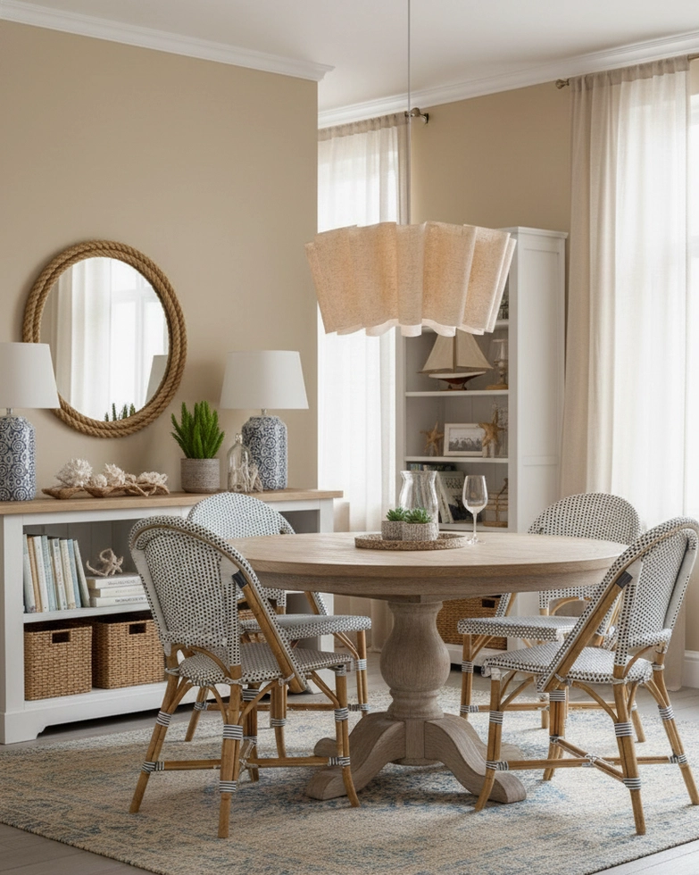 Beige pleated fabric pendant ceiling lamp above coastal-style dining room with rattan chairs