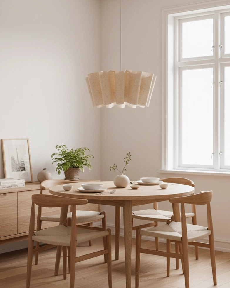 Modern pleated fabric pendant light creating warm ambient glow in minimalist dining space