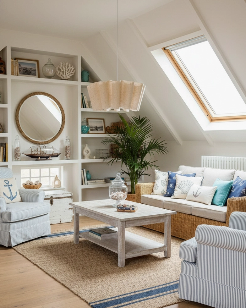 Pleated linen pendant light illuminating minimalist attic living space with skylight